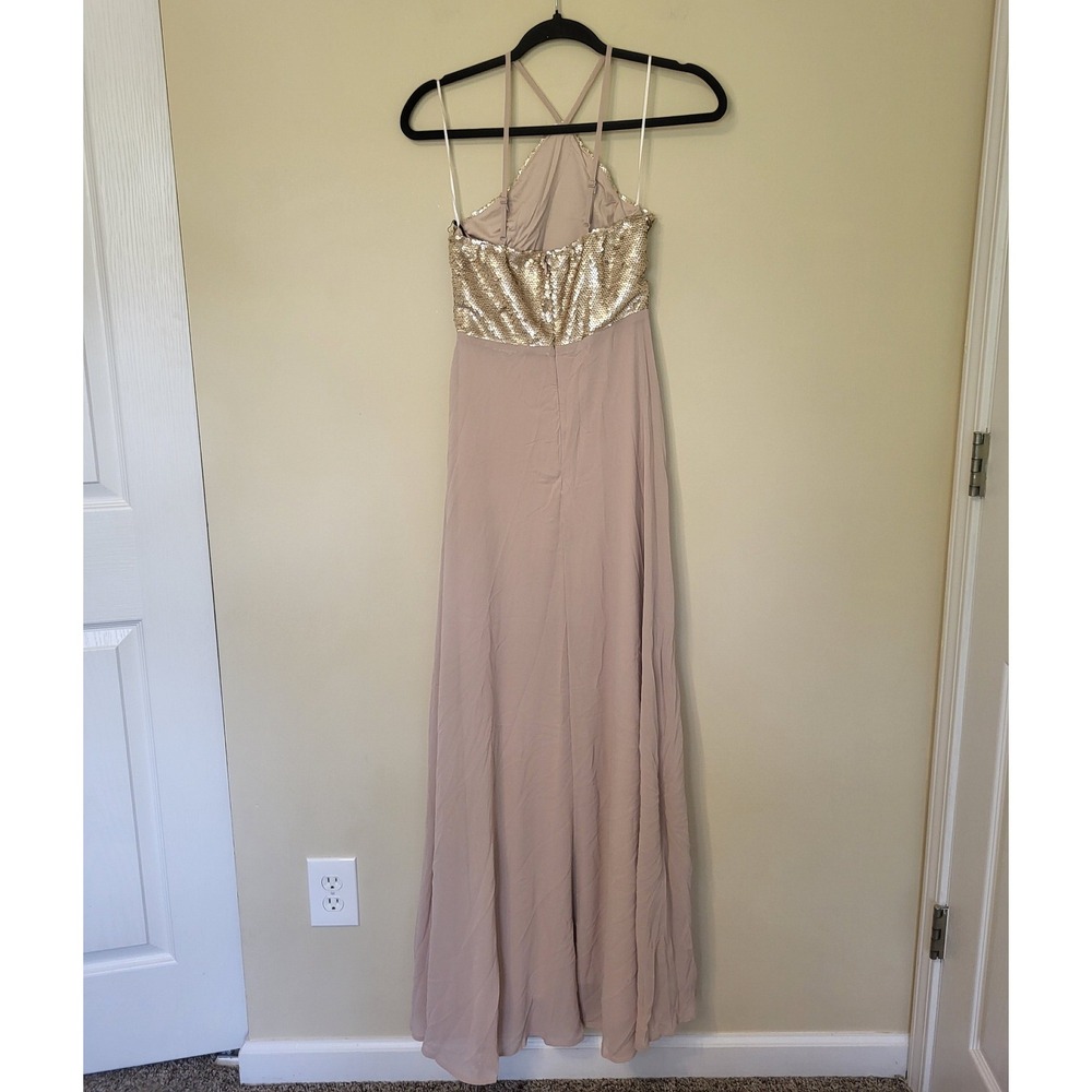 Lulus Womens Mauve Gold Sequin Chiffon Halter Maxi Dress Formal Gown XS NEW - Picture 5 of 6